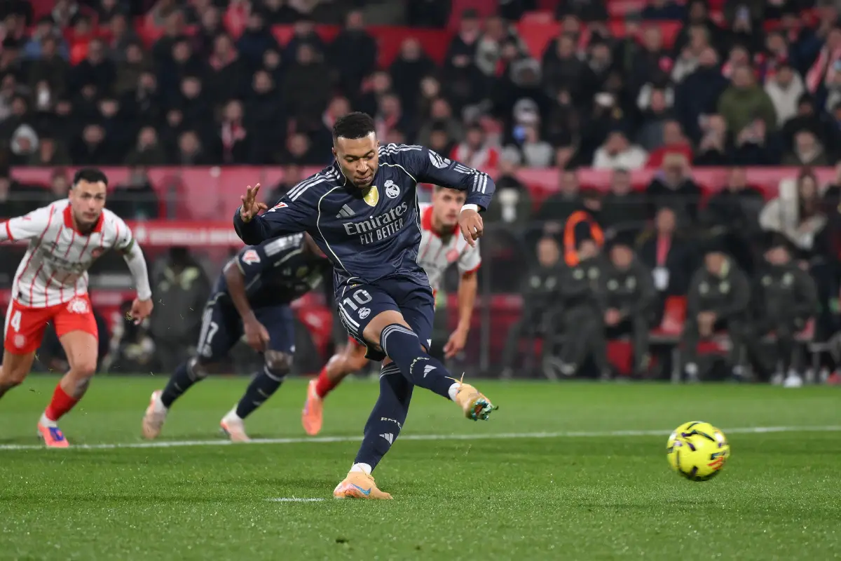 GIRONA, SPAIN - NOVEMBER 30: Kylian Mbappe of Real Madrid scores his team's first goal from the penalty spot during the LaLiga EA Sports match between Girona FC and Real Madrid CF at Montilivi Stadium on November 30, 2025 in Girona, Spain. (Photo by David Ramos/Getty Images)