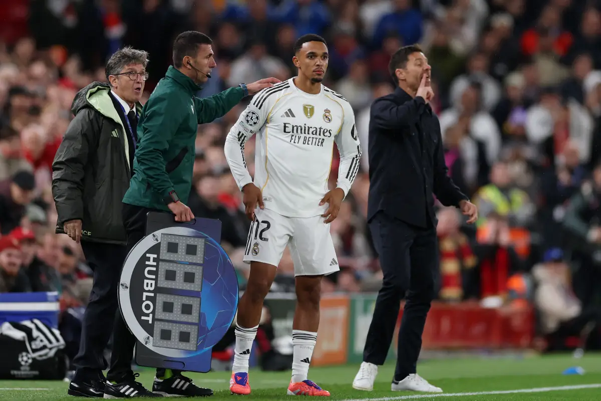 LIVERPOOL, ENGLAND - NOVEMBER 04: Trent Alexander-Arnold of Real Madrid prepares to come on as a substitute during the UEFA Champions League 2025/26 League Phase MD4 match between Liverpool FC and Real Madrid C.F. at Anfield on November 04, 2025 in Liverpool, England. (Photo by Michael Regan/Getty Images)