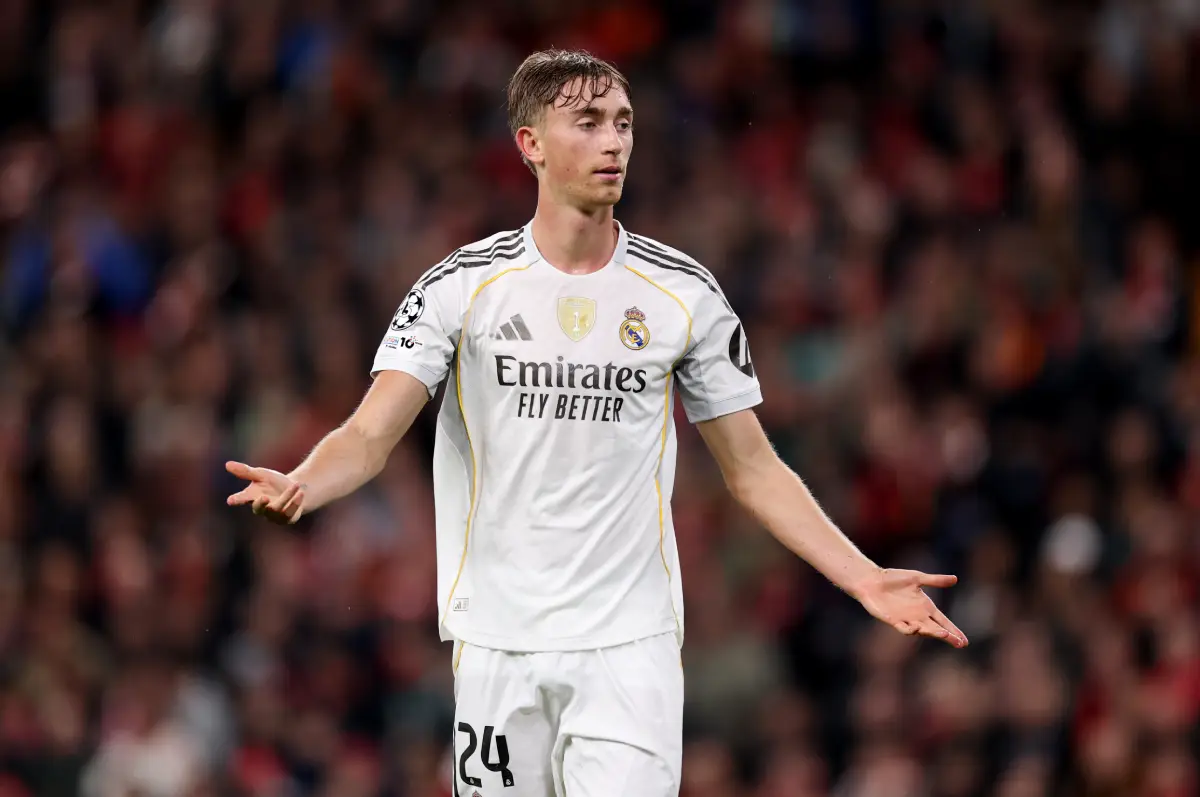 LIVERPOOL, ENGLAND - NOVEMBER 04: Dean Huijsen of Real Madrid reacts during the UEFA Champions League 2025/26 League Phase MD4 match between Liverpool FC and Real Madrid C.F. at Anfield on November 04, 2025 in Liverpool, England. (Photo by Michael Regan/Getty Images)