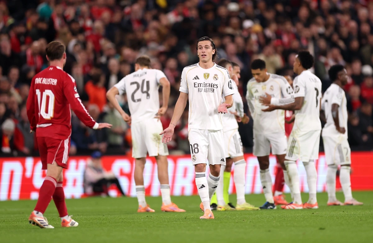LIVERPOOL, ENGLAND - NOVEMBER 04: Alvaro Carreras of Real Madrid reacts during the UEFA Champions League 2025/26 League Phase MD4 match between Liverpool FC and Real Madrid C.F. at Anfield on November 04, 2025 in Liverpool, England. (Photo by Carl Recine/Getty Images)