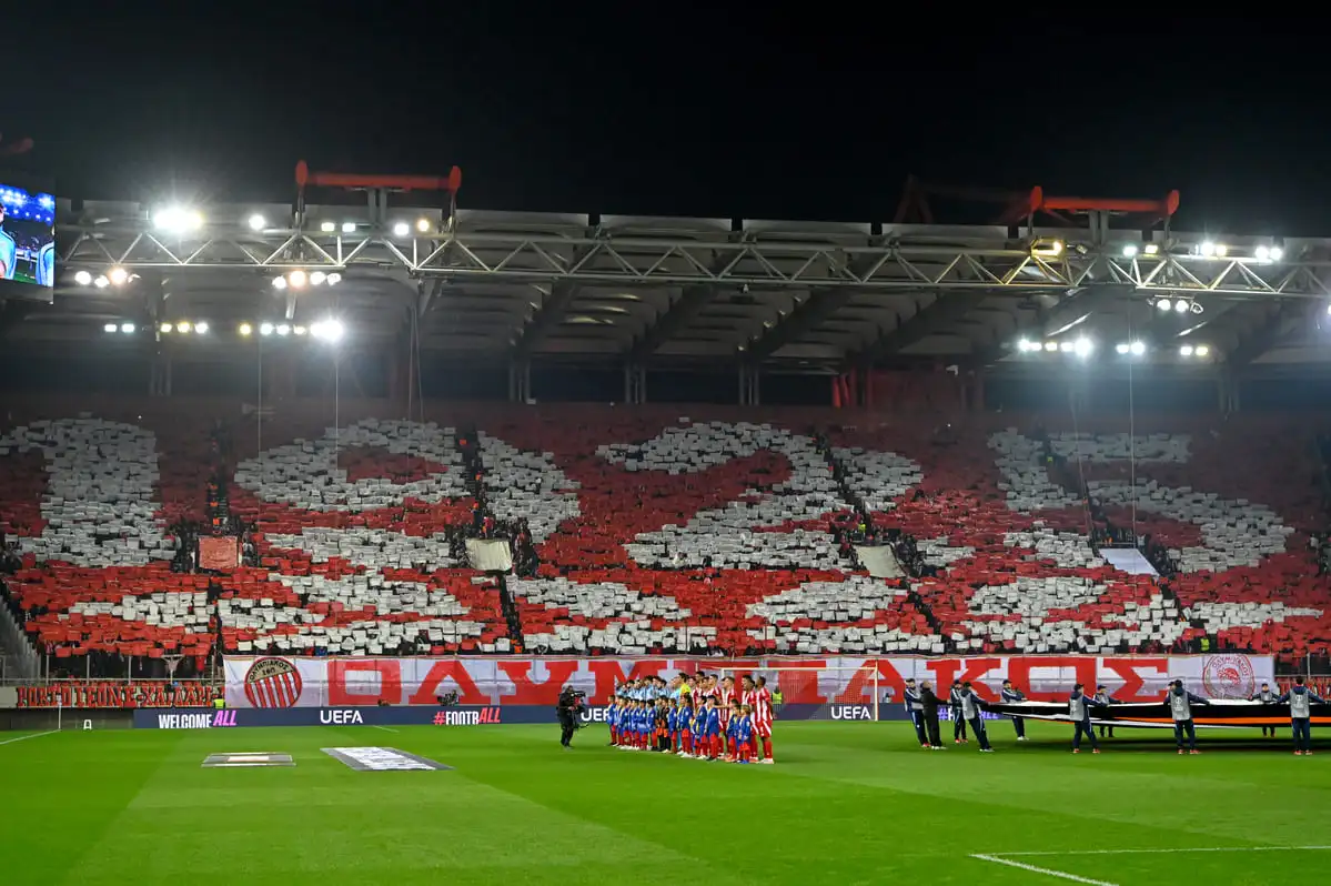 PIRAEUS, GREECE - JANUARY 30: Olympiacos fans during the UEFA Europa League 2024/25 League Phase MD8 match between Olympiacos FC and Qarabag FK at Stadio Georgios Karaiskakis on January 30, 2025 in Piraeus, Greece. (Photo by Milos Bicanski/Getty Images)