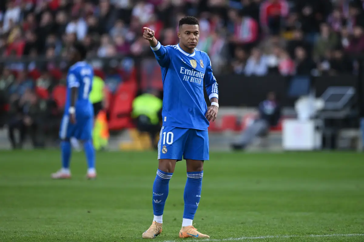 MADRID, SPAIN - NOVEMBER 09: Kylian Mbappe of Real Madridreacts during the LaLiga EA Sports match between Rayo Vallecano de Madrid and Real Madrid CF at Estadio de Vallecas on November 09, 2025 in Madrid, Spain. (Photo by Denis Doyle/Getty Images)