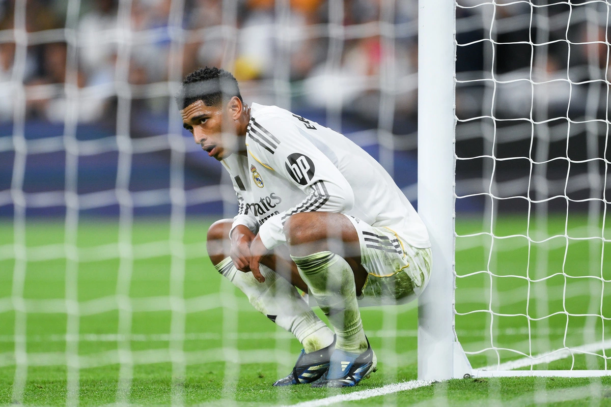 MADRID, SPAIN - OCTOBER 26: Jude Bellingham of Real Madrid looks on during the LaLiga EA Sports match between Real Madrid CF and FC Barcelona at Estadio Santiago Bernabeu on October 26, 2025 in Madrid, Spain. (Photo by David Ramos/Getty Images)