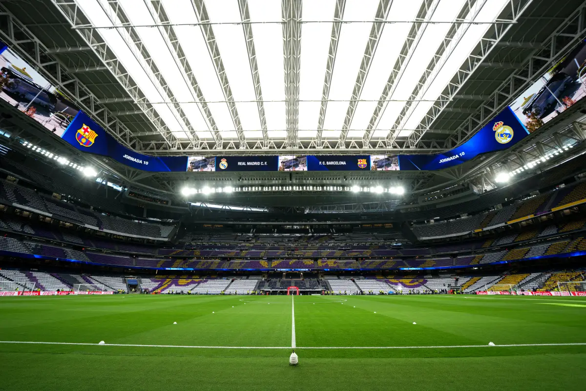 MADRID, SPAIN - OCTOBER 26: A general view of the inside of the stadium prior to the LaLiga EA Sports match between Real Madrid CF and FC Barcelona at Estadio Santiago Bernabeu on October 26, 2025 in Madrid, Spain. (Photo by Angel Martinez/Getty Images)