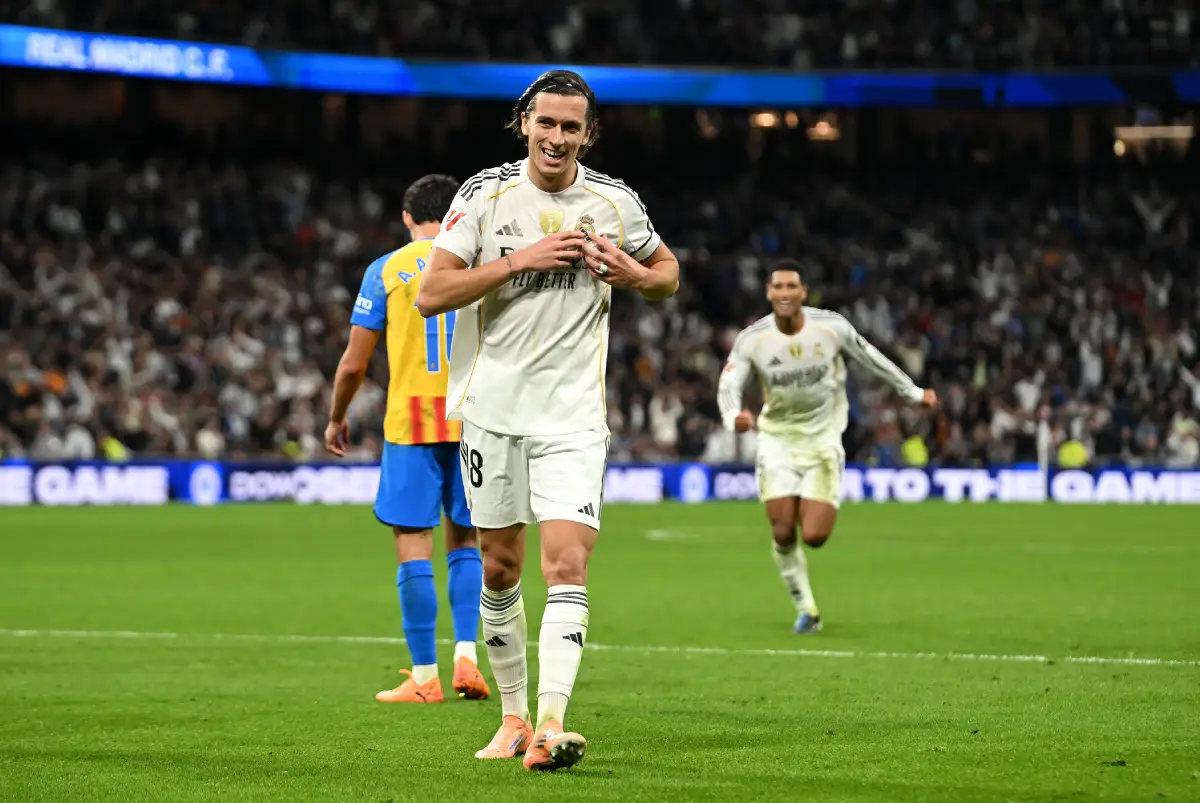 MADRID, SPAIN - NOVEMBER 01: Alvaro Carreras of Real Madrid celebrates scoring his team's fourth goal during the LaLiga EA Sports match between Real Madrid CF and Valencia CF at Estadio Santiago Bernabeu on November 01, 2025 in Madrid, Spain. (Photo by Denis Doyle/Getty Images)