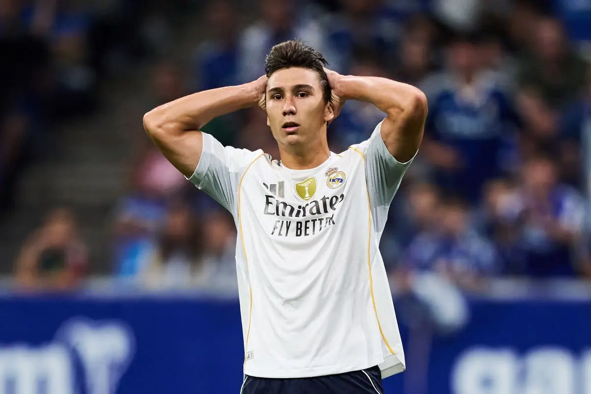 OVIEDO, SPAIN - AUGUST 24: Gonzalo Garcia of Real Madrid reacts during the LaLiga EA Sports match between Real Oviedo and Real Madrid CF at Carlos Tartiere on August 24, 2025 in Oviedo, Spain. (Photo by Juan Manuel Serrano Arce/Getty Images).