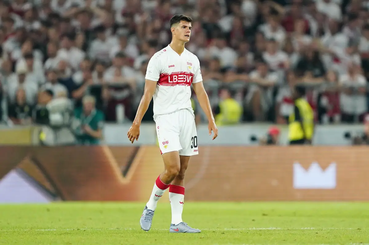 STUTTGART, GERMANY - AUGUST 16: Chema Andres of VfB Stuttgart looks dejected following the teams defeat in the Franz-Beckenbauer-Supercup 2025 match between VfB Stuttgart and FC Bayern München at MHPArena on August 16, 2025 in Stuttgart, Germany. (Photo by Daniela Porcelli/Getty Images)