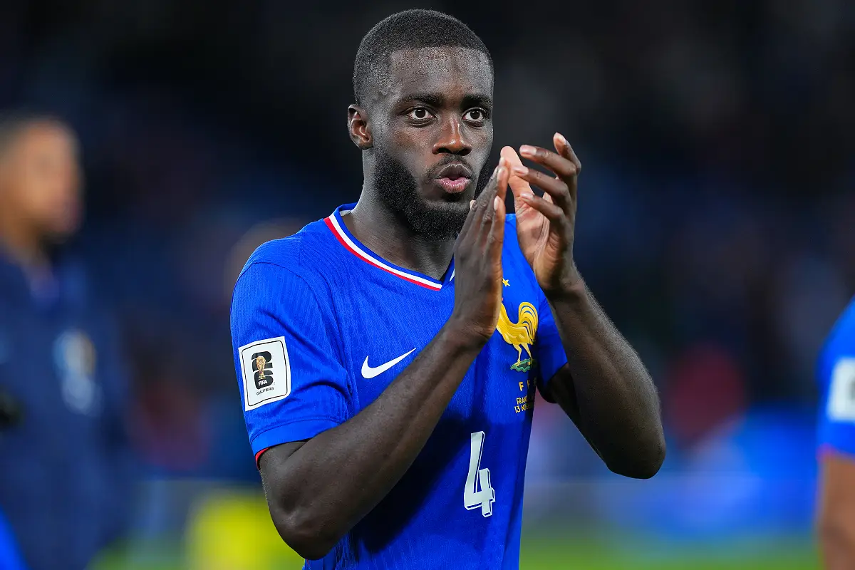 PARIS, FRANCE - NOVEMBER 13: Dayot Upamecano of France acknowledges the fans following the FIFA World Cup 2026 qualifier match between France and Ukraine at Parc des Princes on November 13, 2025 in Paris, France. (Photo by Franco Arland/Getty Images)