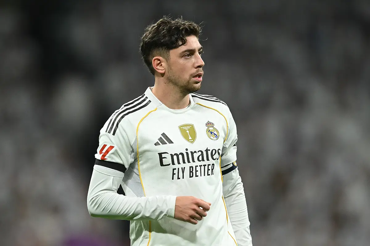 MADRID, SPAIN - DECEMBER 07: Federico Valverde of Real Madrid looks on during the LaLiga EA Sports match between Real Madrid CF and RC Celta de Vigo at Estadio Santiago Bernabeu on December 07, 2025 in Madrid, Spain. (Photo by Denis Doyle/Getty Images)