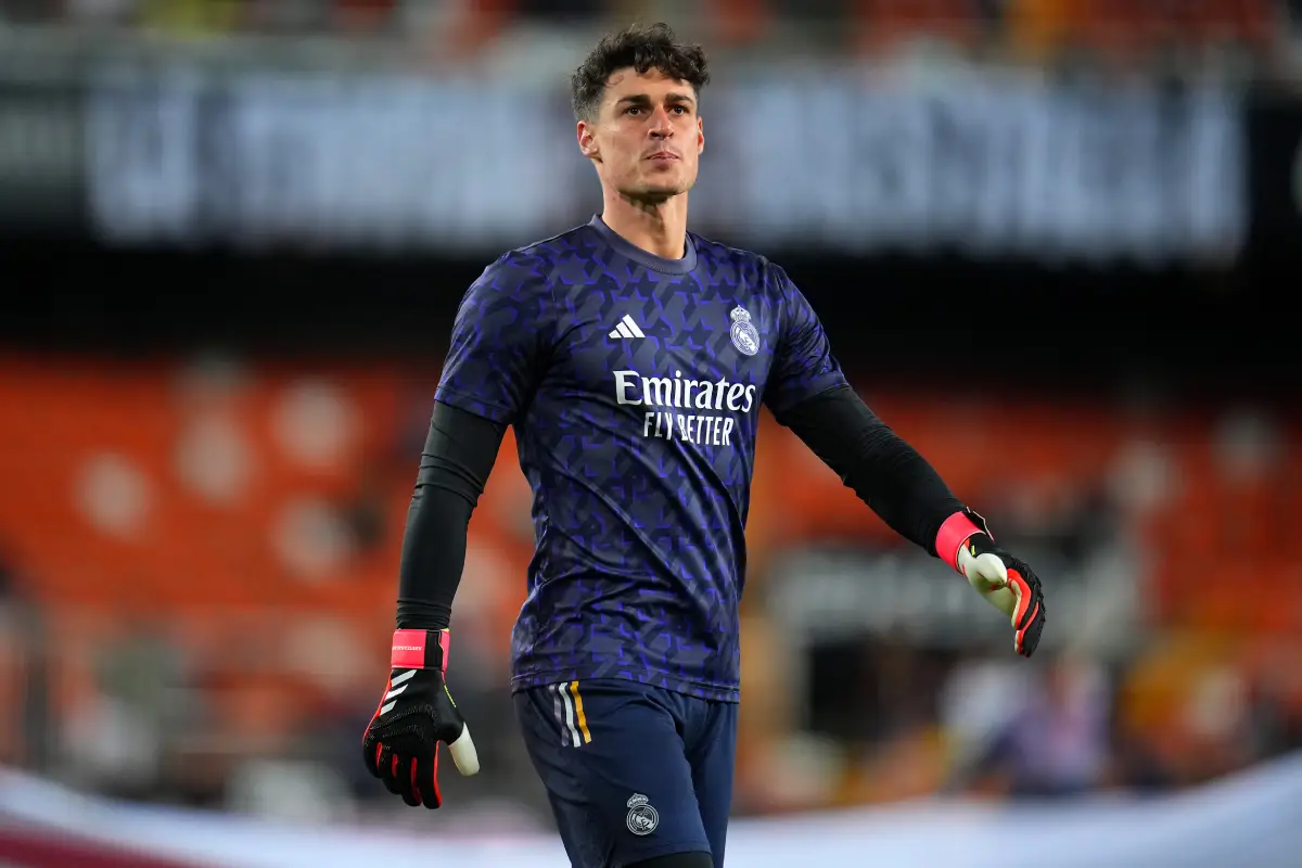 VALENCIA, SPAIN - MARCH 02: Kepa Arrizabalaga of Real Madrid looks on during the warmup in the LaLiga EA Sports match between Valencia CF and Real Madrid CF at Estadio Mestalla on March 02, 2024 in Valencia, Spain. (Photo by Aitor Alcalde/Getty Images)