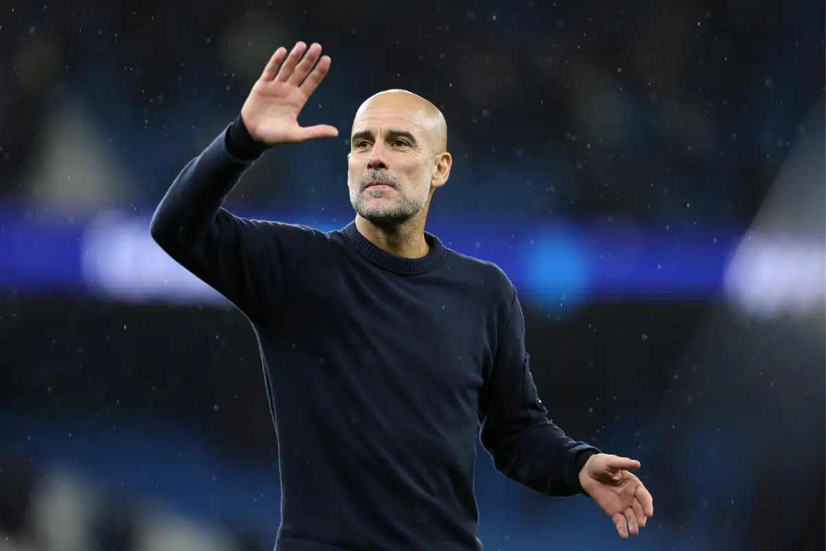 MANCHESTER, ENGLAND - DECEMBER 06: Pep Guardiola, Manager of Manchester City, waves to the fans after the Premier League match between Manchester City and Sunderland at Etihad Stadium on December 06, 2025 in Manchester, England. (Photo by Matt McNulty/Getty Images)