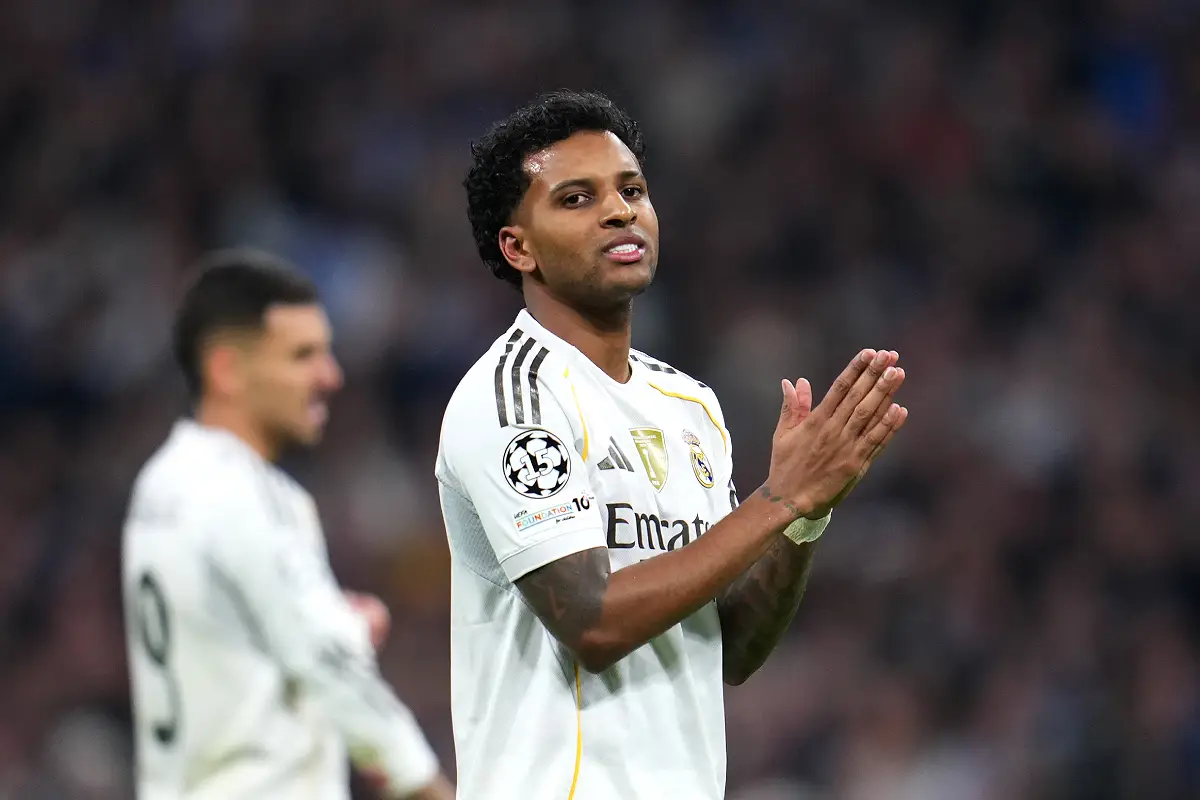 MADRID, SPAIN - DECEMBER 10: Rodrygo of Real Madrid reacts during the UEFA Champions League 2025/26 League Phase MD6 match between Real Madrid C.F. and Manchester City at Estadio Santiago Bernabeu on December 10, 2025 in Madrid, Spain. (Photo by Aitor Alcalde/Getty Images)