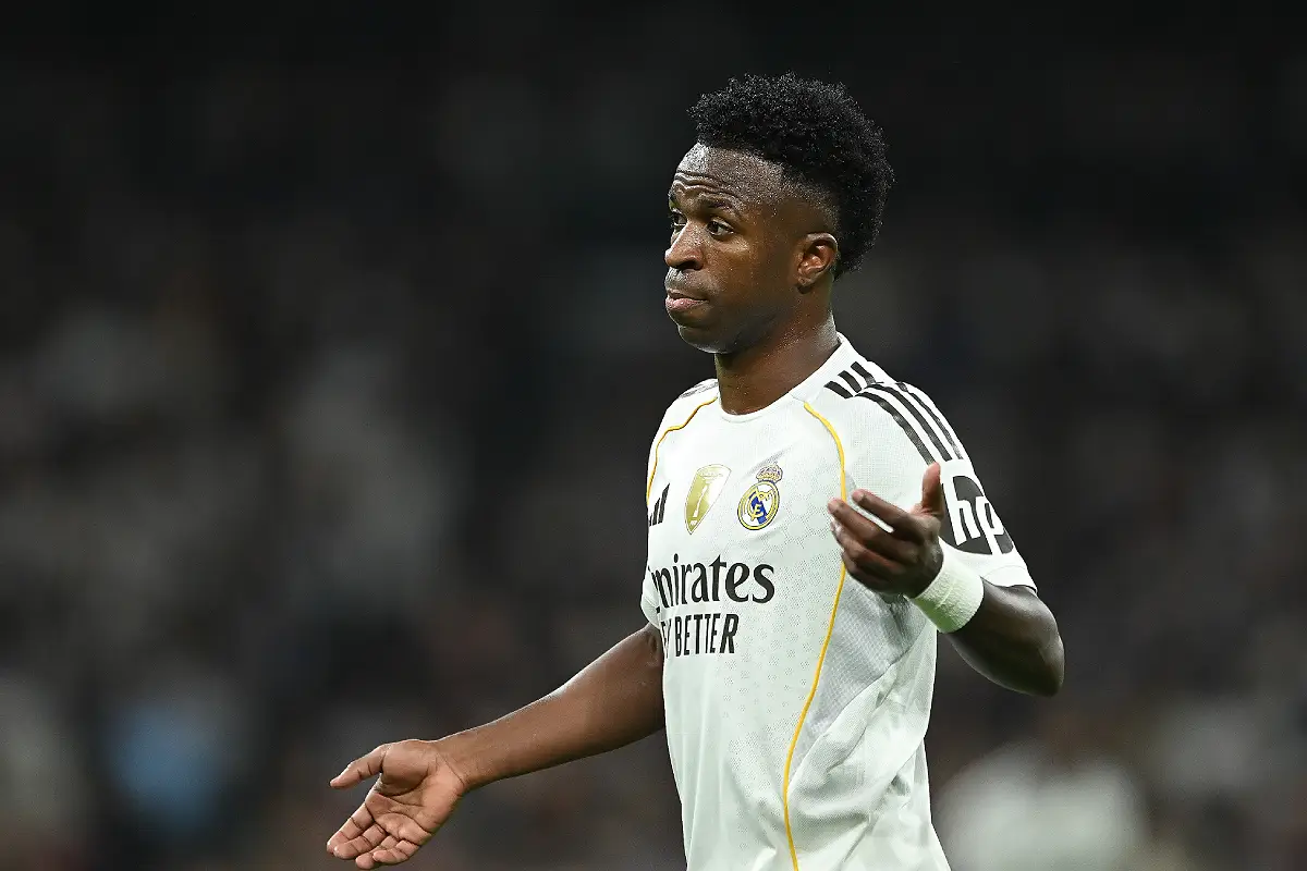 MADRID, SPAIN - DECEMBER 07: Vinicius Jr of Real Madrid reacts during the LaLiga EA Sports match between Real Madrid CF and RC Celta de Vigo at Estadio Santiago Bernabeu on December 07, 2025 in Madrid, Spain. (Photo by Denis Doyle/Getty Images)