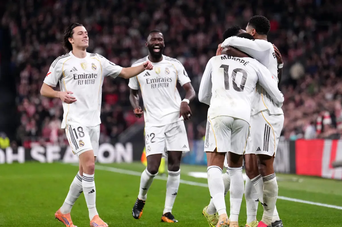 BILBAO, SPAIN - DECEMBER 03: Kylian Mbappe of Real Madrid celebrates scoring his team's third goal with his teammates during the LaLiga EA Sports match between Athletic Club and Real Madrid CF at Estadio de San Mames on December 03, 2025 in Bilbao, Spain. (Photo by Juan Manuel Serrano Arce/Getty Images)