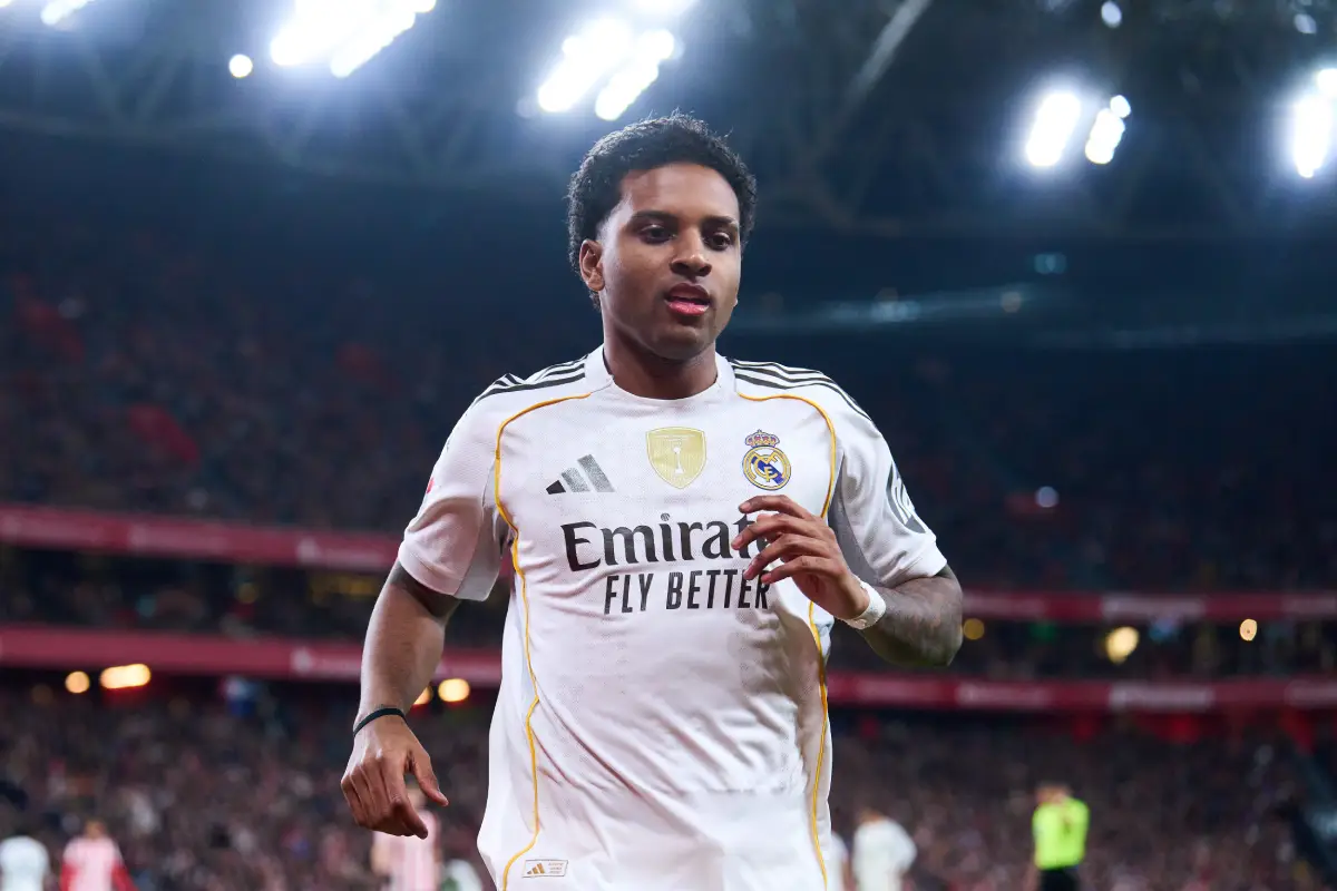 BILBAO, SPAIN - DECEMBER 03: Rodrygo Goes of Real Madrid looks on during the LaLiga EA Sports match between Athletic Club and Real Madrid CF at Estadio de San Mames on December 03, 2025 in Bilbao, Spain. (Photo by Juan Manuel Serrano Arce/Getty Images)