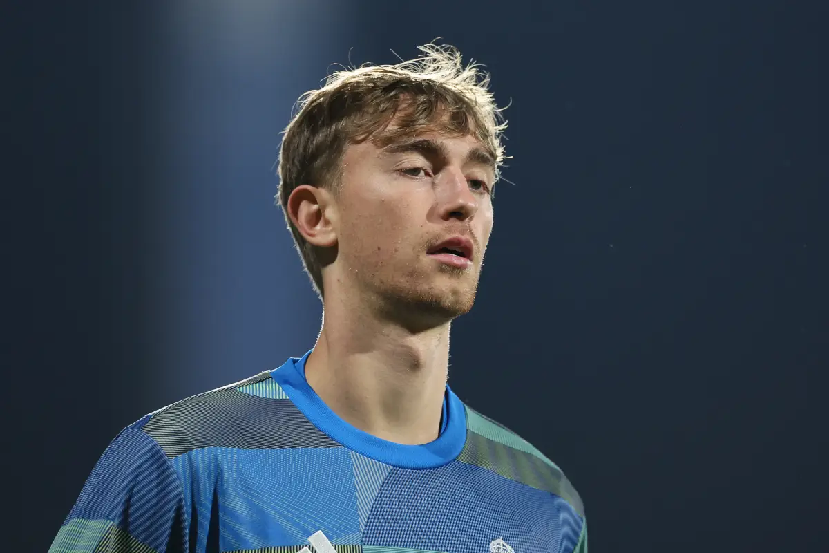 TALAVERA DE LA REINA, SPAIN - DECEMBER 17: Dean Huijsen of Real Madrid looks on prior to the Copa del Rey match between CF Talavera and Real Madrid at Estadio El Prado on December 17, 2025 in Talavera de la Reina, Spain. (Photo by Florencia Tan Jun/Getty Images)