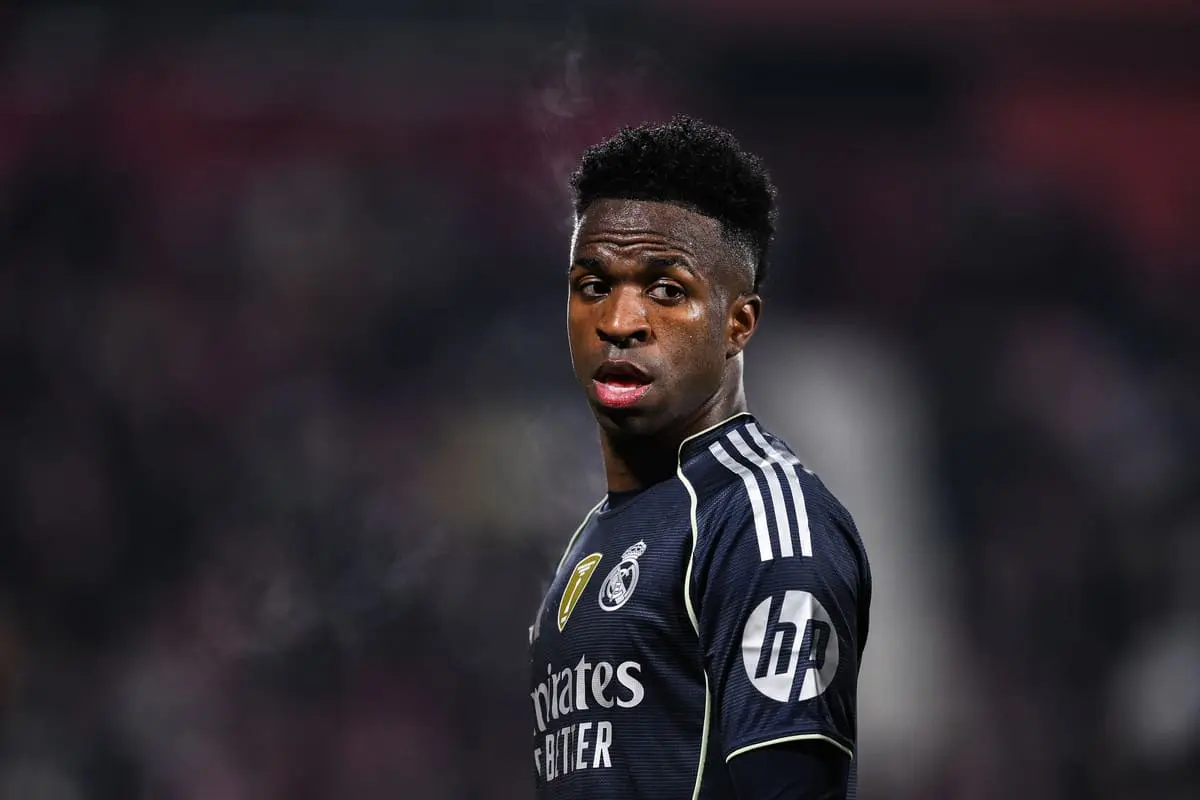 GIRONA, SPAIN - NOVEMBER 30: Vinicius Junior of Real Madrid looks on during the LaLiga EA Sports match between Girona FC and Real Madrid CF at Montilivi Stadium on November 30, 2025 in Girona, Spain. (Photo by David Ramos/Getty Images).
