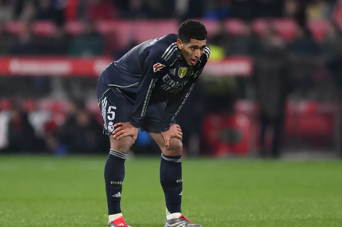 GIRONA, SPAIN - NOVEMBER 30: Jude Bellingham of Real Madrid looks dejected following the LaLiga EA Sports match between Girona FC and Real Madrid CF at Montilivi Stadium on November 30, 2025 in Girona, Spain. (Photo by David Ramos/Getty Images)