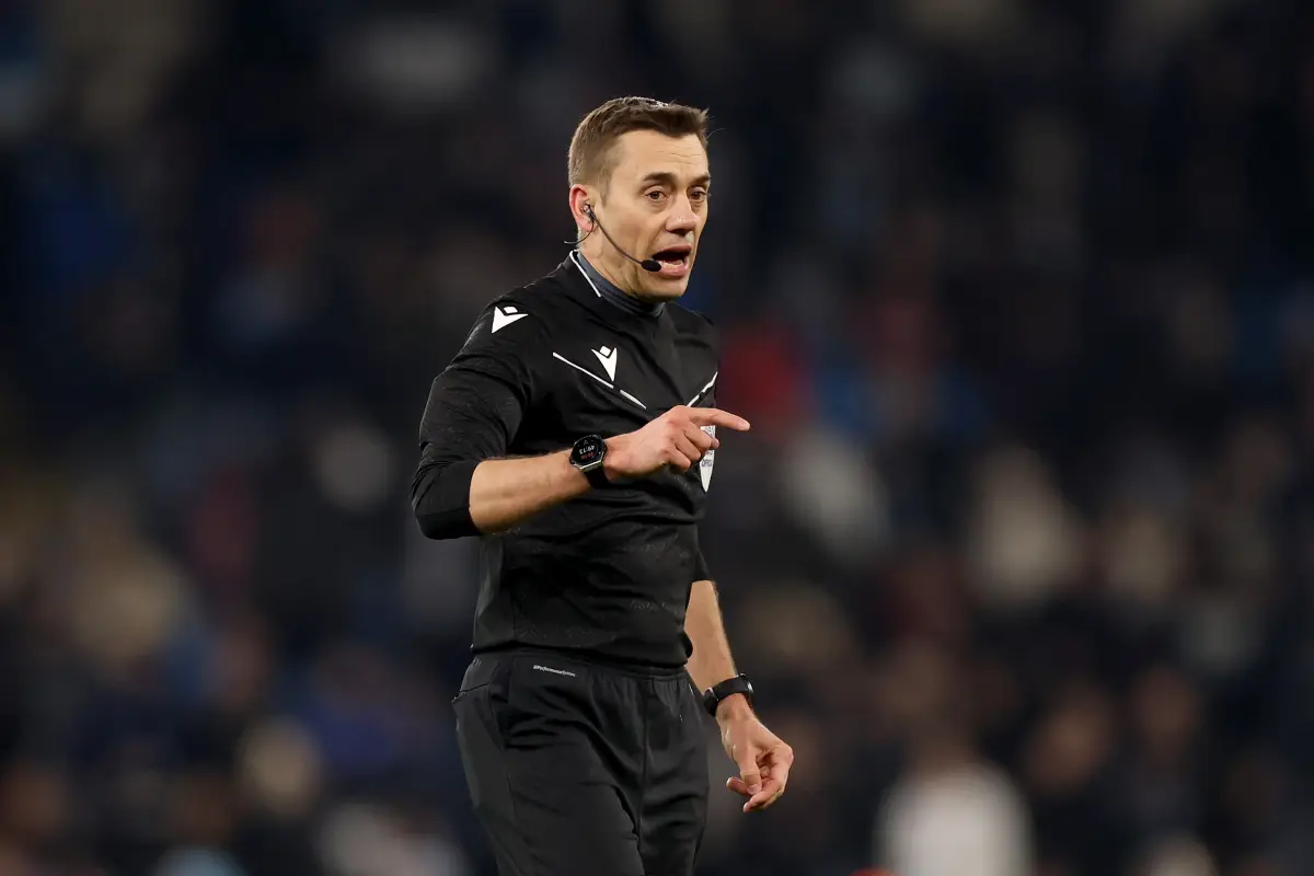 MANCHESTER, ENGLAND - FEBRUARY 11: Referee Clement Turpin during the UEFA Champions League 2024/25 League Knockout Play-off first leg match between Manchester City and Real Madrid C.F. at Manchester City Stadium on February 11, 2025 in Manchester, England. (Photo by Carl Recine/Getty Images)