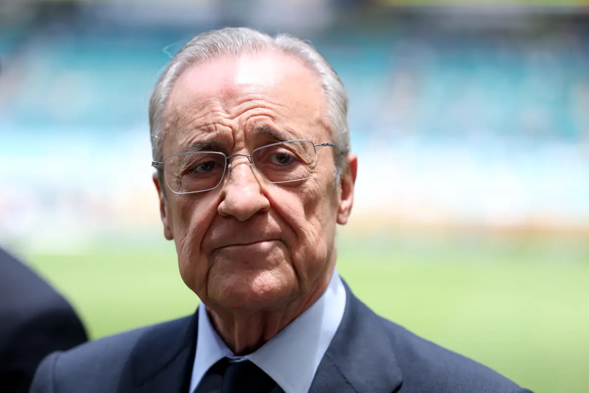 MIAMI GARDENS, FLORIDA - JUNE 18: President of Real Madrid Florentino Pérez looks on prior to the FIFA Club World Cup 2025 group H match between Real Madrid CF and Al Hilal at Hard Rock Stadium on June 18, 2025 in Miami Gardens, Florida. (Photo by Dan Mullan/Getty Images)
