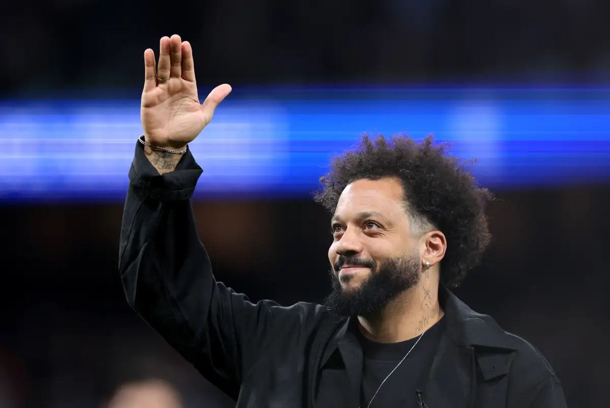 MADRID, SPAIN - FEBRUARY 08: Marcelo, former Real Madrid player acknowledges the fans prior to the LaLiga match between Real Madrid CF and Atletico de Madrid at Estadio Santiago Bernabeu on February 08, 2025 in Madrid, Spain. (Photo by Florencia Tan Jun/Getty Images)