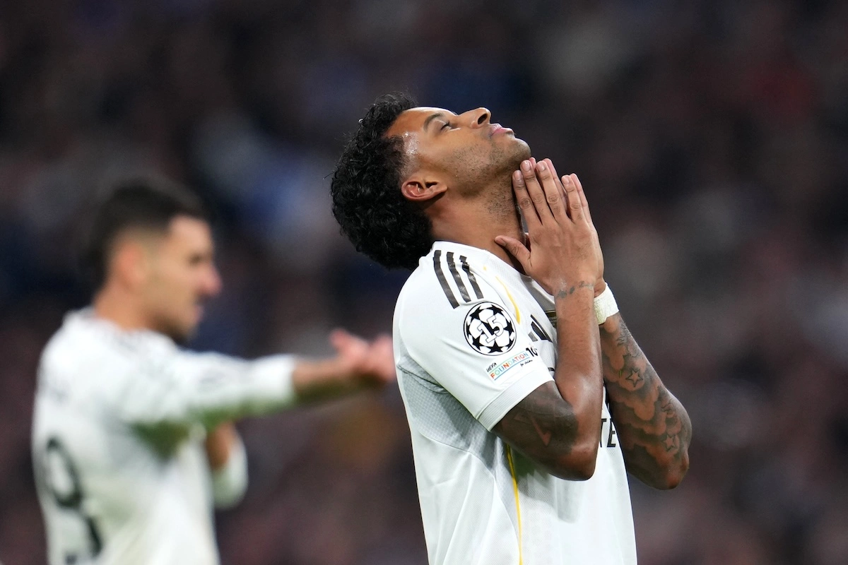 MADRID, SPAIN - DECEMBER 10: Rodrygo of Real Madrid reacts during the UEFA Champions League 2025/26 League Phase MD6 match between Real Madrid C.F. and Manchester City at Estadio Santiago Bernabeu on December 10, 2025 in Madrid, Spain. (Photo by Aitor Alcalde/Getty Images)