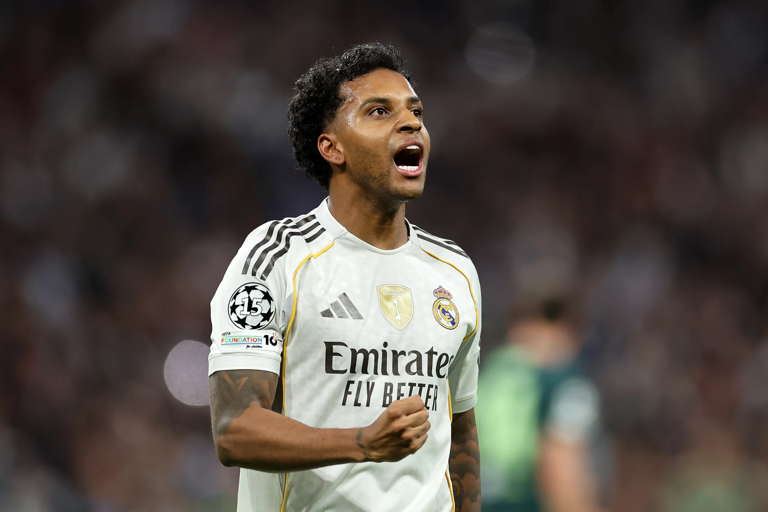 MADRID, SPAIN - DECEMBER 10: Rodrygo of Real Madrid celebrates scoring his team's first goal during the UEFA Champions League 2025/26 League Phase MD6 match between Real Madrid C.F. and Manchester City at Estadio Santiago Bernabeu on December 10, 2025 in Madrid, Spain. (Photo by Florencia Tan Jun/Getty Images)