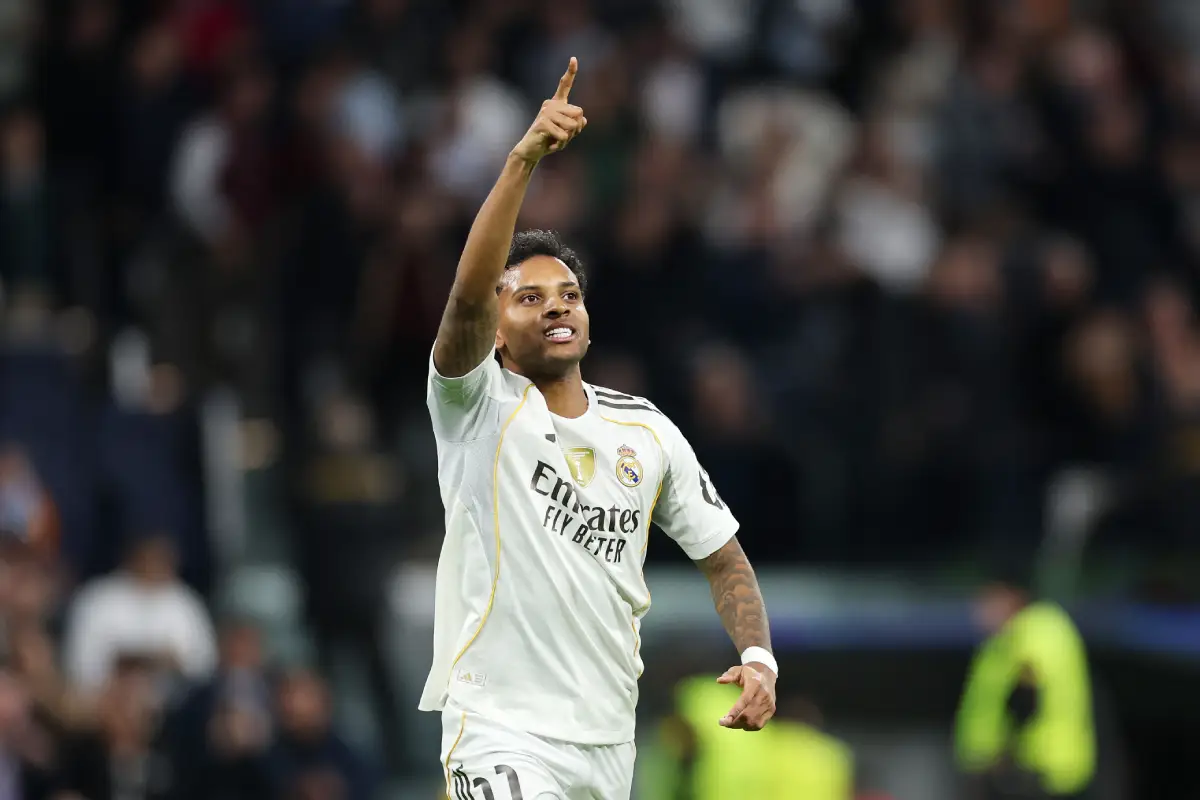 MADRID, SPAIN - DECEMBER 10: Rodrygo of Real Madrid celebrates scoring his team's first goal during the UEFA Champions League 2025/26 League Phase MD6 match between Real Madrid C.F. and Manchester City at Estadio Santiago Bernabeu on December 10, 2025 in Madrid, Spain. (Photo by Florencia Tan Jun/Getty Images)