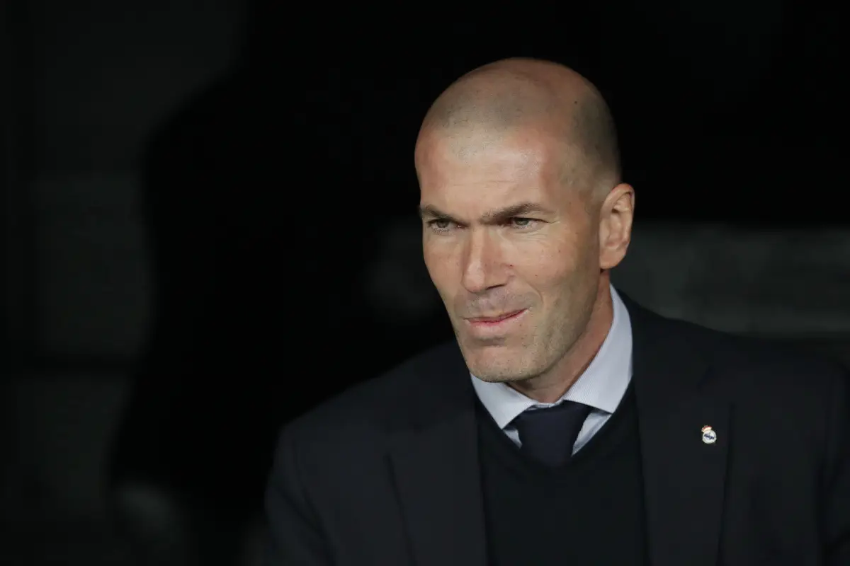MADRID, SPAIN - FEBRUARY 26: Manager Zinedine Zidane of Real Madrid CF reacts from the bench prior to start the UEFA Champions League round of 16 first leg match between Real Madrid and Manchester City at Bernabeu on February 26, 2020 in Madrid, Spain. (Photo by Gonzalo Arroyo Moreno/Getty Images)