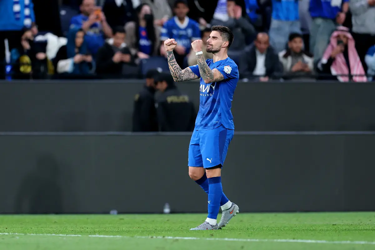 RIYADH, SAUDI ARABIA - JANUARY 12: Ruben Neves of Al-Hilal celebrates scoring his team's third goal during the Saudi Pro League match between Al Hilal and Al Nassr at Kingdom Arena on January 12, 2026 in Riyadh, Saudi Arabia. (Photo by Abdullah Ahmed/Getty Images)