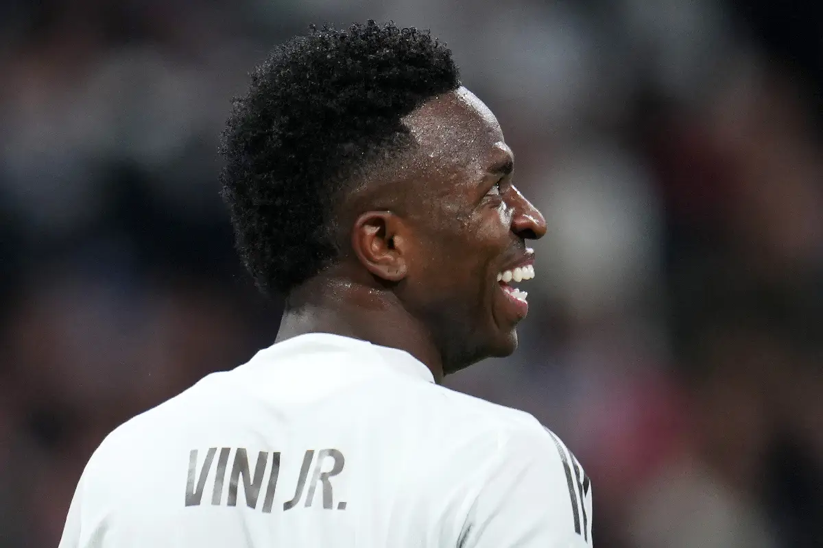 MADRID, SPAIN - JANUARY 20: Vinicius Jr of Real Madrid reacts during the UEFA Champions League 2025/26 League Phase MD7 match between Real Madrid C.F. and AS Monaco at Estadio Santiago Bernabeu on January 20, 2026 in Madrid, Spain. (Photo by Aitor Alcalde/Getty Images)