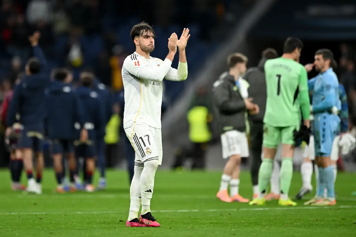 MADRID, SPAIN - JANUARY 17: Raul Asencio of Real Madrid applauds the fans after victory in the LaLiga EA Sports match between Real Madrid CF and Levante UD at Estadio Santiago Bernabeu on January 17, 2026 in Madrid, Spain. (Photo by Denis Doyle/Getty Images)