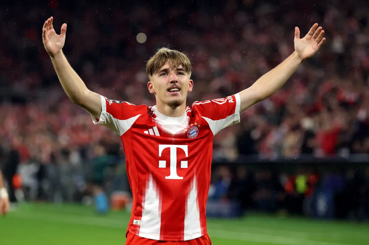 MUNICH, GERMANY - OCTOBER 22: Lennart Karl of Bayern Munich celebrates scoring his team's first goal during the UEFA Champions League 2025/26 League Phase MD3 match between FC Bayern München and Club Brugge KV at Football Arena Munich on October 22, 2025 in Munich, Germany. (Photo by Alexander Hassenstein/Getty Images)