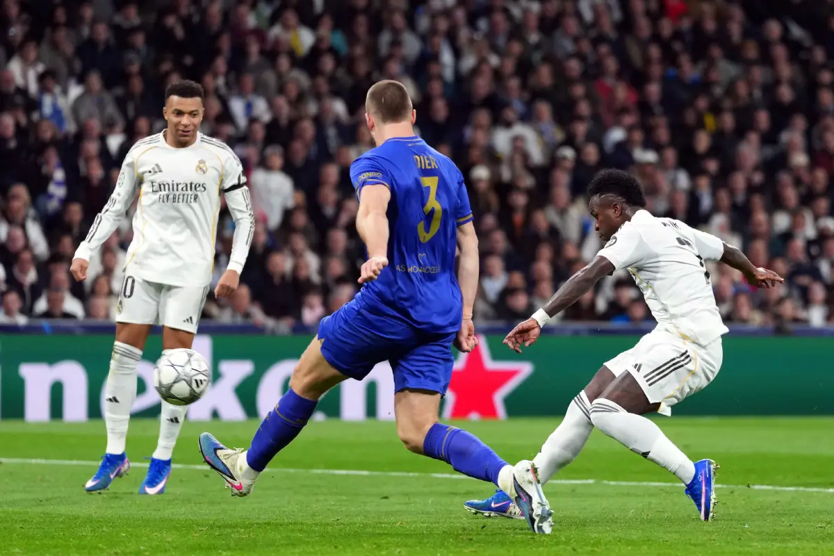 MADRID, SPAIN - JANUARY 20: Vinicius Junior of Real Madrid scores his team's fifth goal during the UEFA Champions League 2025/26 League Phase MD7 match between Real Madrid C.F. and AS Monaco at Estadio Santiago Bernabeu on January 20, 2026 in Madrid, Spain. (Photo by Aitor Alcalde/Getty Images)