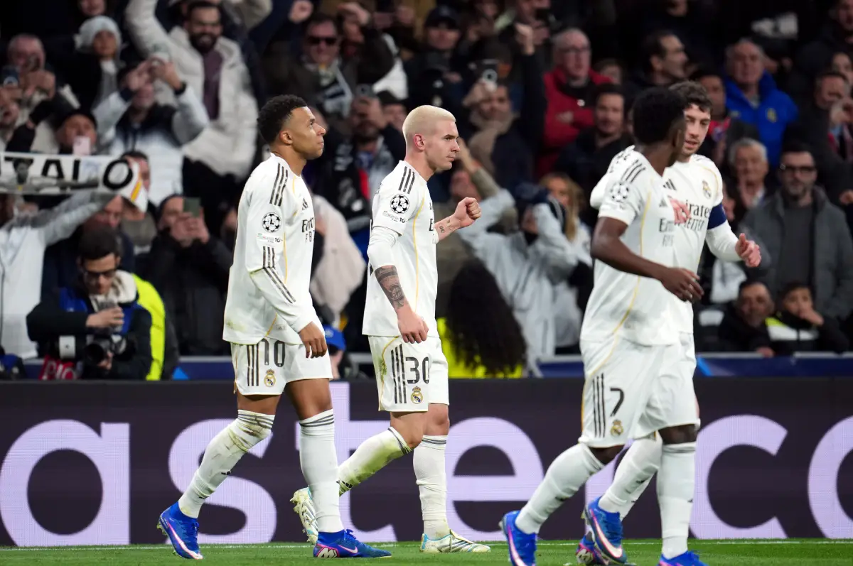 MADRID, SPAIN - JANUARY 20: Franco Mastantuono of Real Madrid celebrates scoring his team's third goal during the UEFA Champions League 2025/26 League Phase MD7 match between Real Madrid C.F. and AS Monaco at Estadio Santiago Bernabeu on January 20, 2026 in Madrid, Spain. (Photo by Aitor Alcalde/Getty Images)