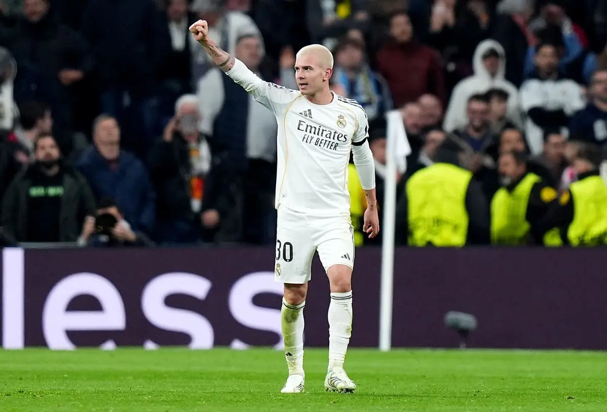 MADRID, SPAIN - JANUARY 20: Franco Mastantuono of Real Madrid celebrates scoring his team's third goal during the UEFA Champions League 2025/26 League Phase MD7 match between Real Madrid C.F. and AS Monaco at Estadio Santiago Bernabeu on January 20, 2026 in Madrid, Spain. (Photo by Angel Martinez/Getty Images).