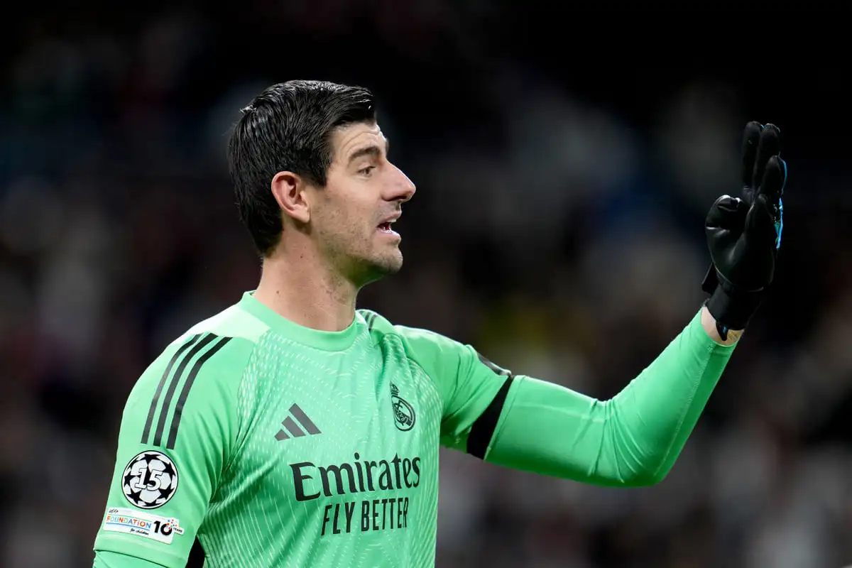 MADRID, SPAIN - JANUARY 20: Thibaut Courtois of Real Madrid looks on during the UEFA Champions League 2025/26 League Phase MD7 match between Real Madrid C.F. and AS Monaco at Estadio Santiago Bernabeu on January 20, 2026 in Madrid, Spain. (Photo by Aitor Alcalde/Getty Images).