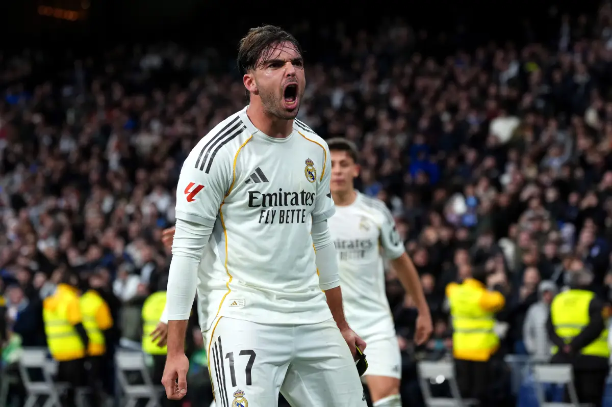 MADRID, SPAIN - JANUARY 17: Raul Asencio of Real Madrid celebrates scoring his team's second goal during the LaLiga EA Sports match between Real Madrid CF and Levante UD at Estadio Santiago Bernabeu on January 17, 2026 in Madrid, Spain. (Photo by Angel Martinez/Getty Images)