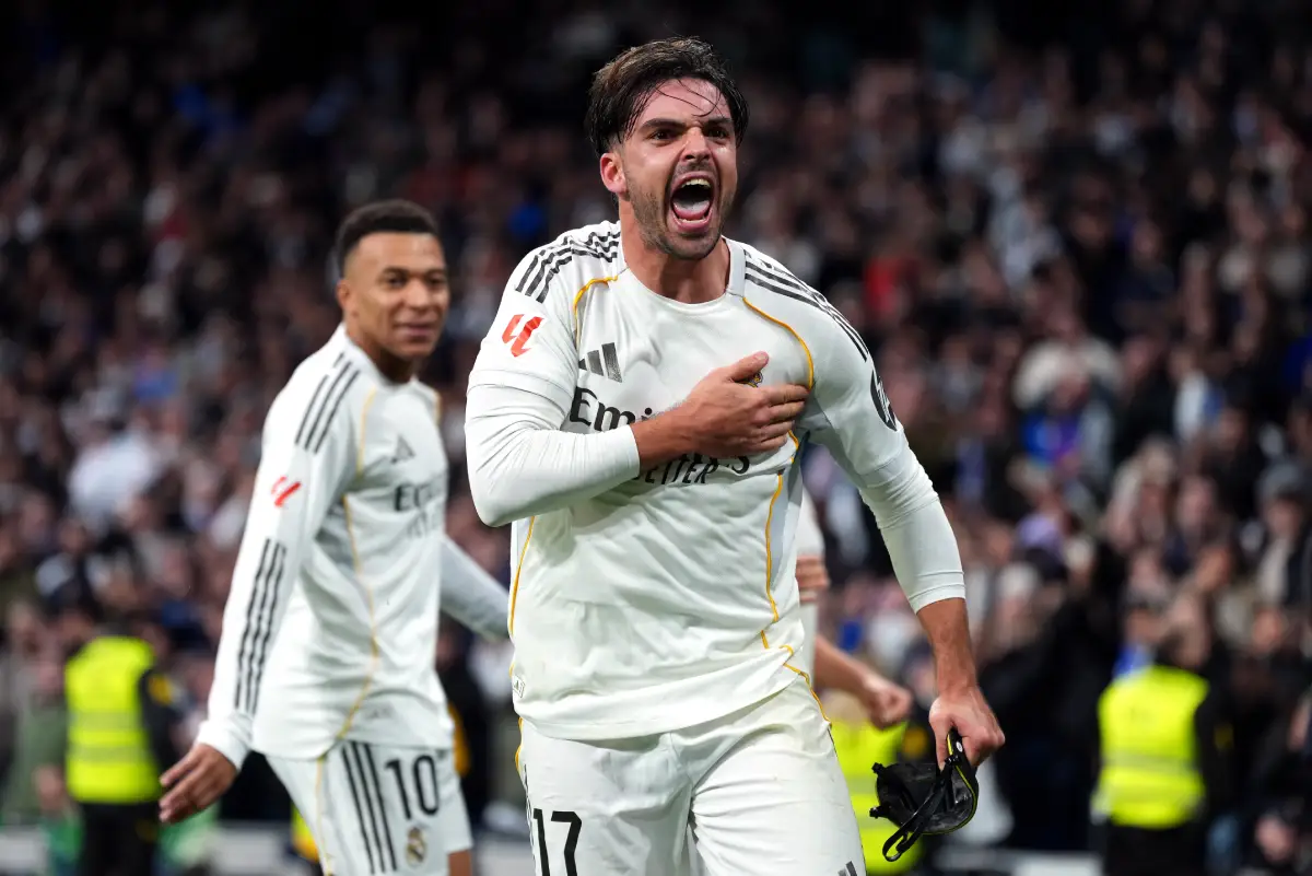 MADRID, SPAIN - JANUARY 17: Raul Asencio of Real Madrid celebrates scoring his team's second goal during the LaLiga EA Sports match between Real Madrid CF and Levante UD at Estadio Santiago Bernabeu on January 17, 2026 in Madrid, Spain. (Photo by Angel Martinez/Getty Images)