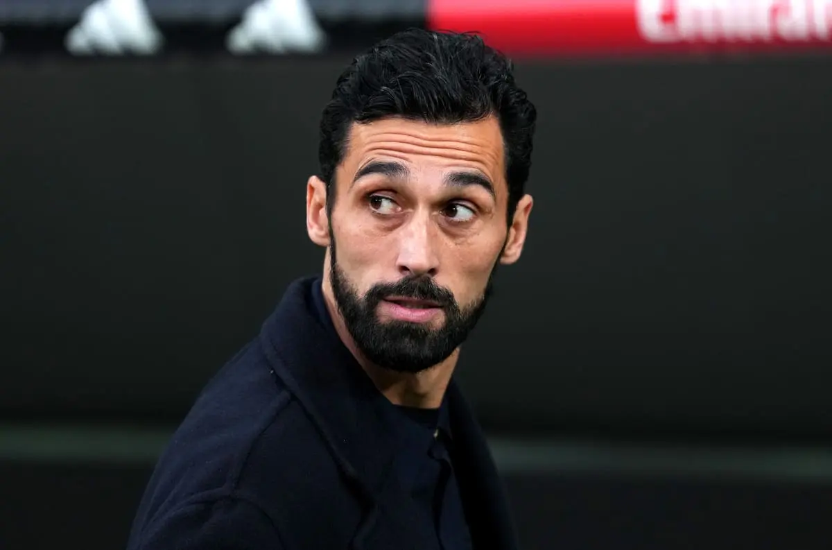 MADRID, SPAIN - JANUARY 17: Alvaro Arbeloa, Head Coach of Real Madrid, looks on prior to the LaLiga EA Sports match between Real Madrid CF and Levante UD at Estadio Santiago Bernabeu on January 17, 2026 in Madrid, Spain. (Photo by Angel Martinez/Getty Images).