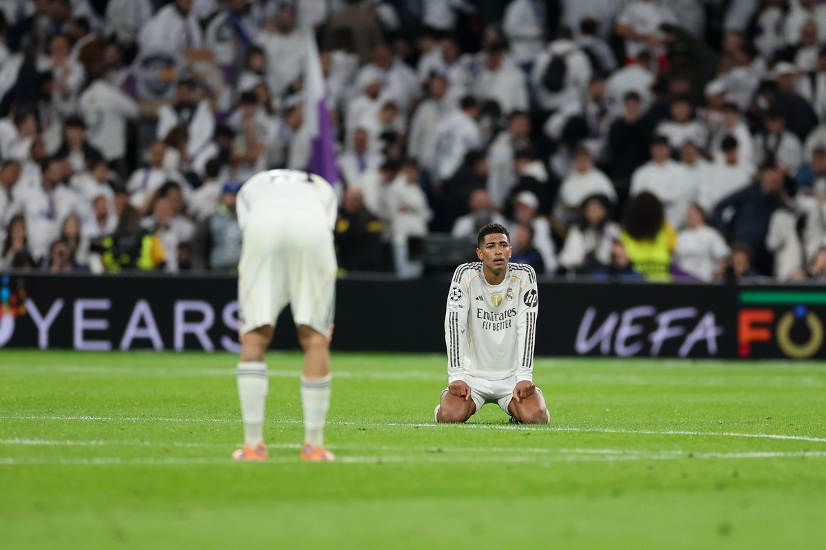 MADRID, SPAIN - DECEMBER 10: Jude Bellingham of Real Madridreacts after the UEFA Champions League 2025/26 League Phase MD6 match between Real Madrid C.F. and Manchester City at Estadio Santiago Bernabeu on December 10, 2025 in Madrid, Spain. (Photo by Florencia Tan Jun/Getty Images)