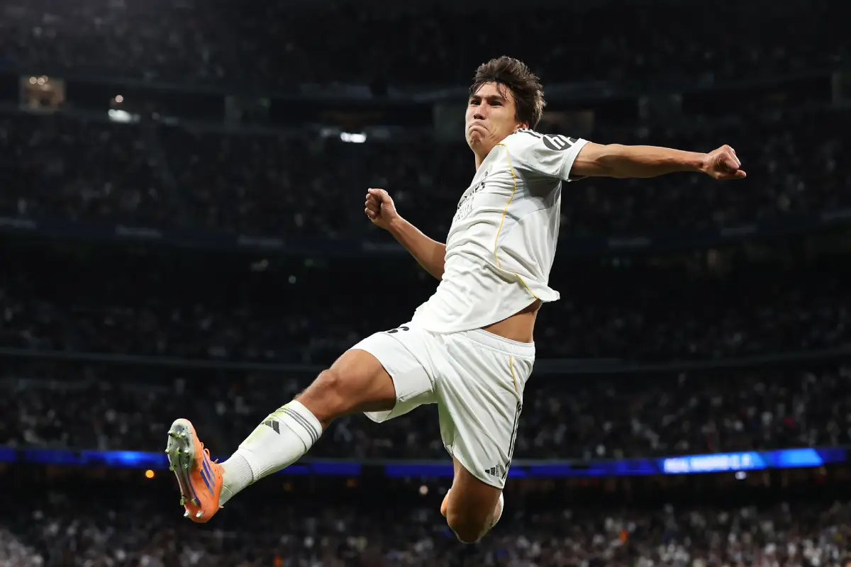 MADRID, SPAIN - JANUARY 04: Gonzalo Garcia of Real Madrid celebrates scoring his team's first goal during the LaLiga EA Sports match between Real Madrid CF and Real Betis Balompie at Estadio Santiago Bernabeu on January 04, 2026 in Madrid, Spain. (Photo by Florencia Tan Jun/Getty Images)
