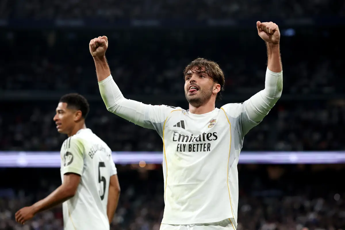 MADRID, SPAIN - JANUARY 04: Raul Asencio of Real Madrid celebrates scoring his team's third goal during the LaLiga EA Sports match between Real Madrid CF and Real Betis Balompie at Estadio Santiago Bernabeu on January 04, 2026 in Madrid, Spain. (Photo by Florencia Tan Jun/Getty Images)