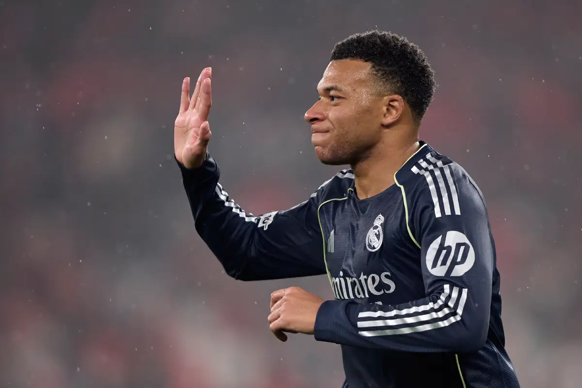 LISBON, PORTUGAL - JANUARY 28: Kylian Mbappe of Real Madrid CF reacts during the UEFA Champions League 2025/26 League Phase MD8 match between SL Benfica and Real Madrid C.F. at Estadio Da Luz on January 28, 2026 in Lisbon, Portugal. (Photo by Jose Manuel Alvarez Rey/Getty Images)