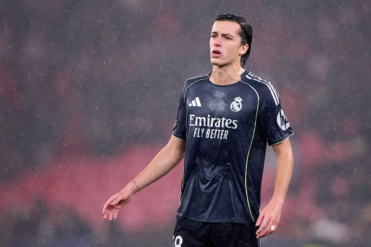 LISBON, PORTUGAL - JANUARY 28: Alvaro Carreras of Real Madrid CF reacts during the UEFA Champions League 2025/26 League Phase MD8 match between SL Benfica and Real Madrid C.F. at Estadio Da Luz on January 28, 2026 in Lisbon, Portugal. (Photo by Jose Manuel Alvarez Rey/Getty Images)