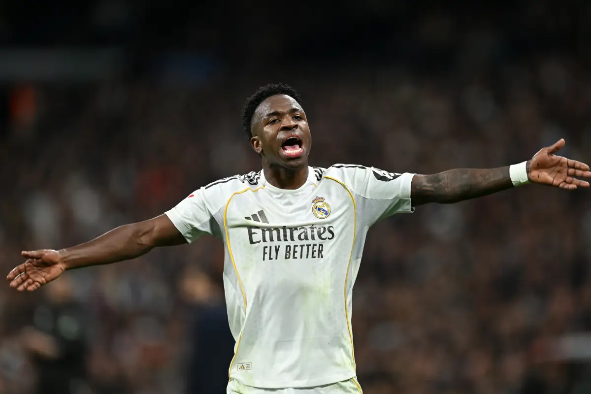 MADRID, SPAIN - FEBRUARY 01: Vinicius Jr of Real Madrid asks the fans to show their support during the LaLiga EA Sports match between Real Madrid CF and Rayo Vallecano de Madrid at Estadio Santiago Bernabeu on February 01, 2026 in Madrid, Spain. (Photo by Denis Doyle/Getty Images)