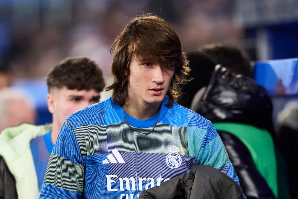 VITORIA-GASTEIZ, SPAIN - DECEMBER 14: Joan Martinez of Real Madrid looks on prior to the LaLiga EA Sports match between Deportivo Alaves and Real Madrid CF at Estadio de Mendizorroza on December 14, 2025 in Vitoria-Gasteiz, Spain. (Photo by Juan Manuel Serrano Arce/Getty Images)