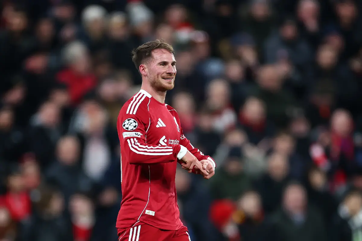 LIVERPOOL, ENGLAND - JANUARY 28: Alexis Mac Allister of Liverpool celebrates scoring his team's first goal during the UEFA Champions League 2025/26 League Phase MD8 match between Liverpool FC and Qarabag FK at Anfield on January 28, 2026 in Liverpool, England. (Photo by Dan Istitene/Getty Images)