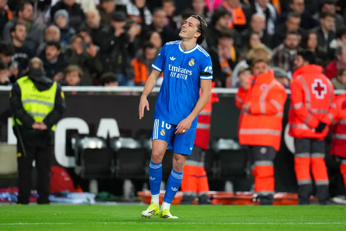 VALENCIA, SPAIN - FEBRUARY 08: Alvaro Carreras of Real Madrid celebrates scoring his team's first goal during the LaLiga EA Sports match between Valencia CF and Real Madrid CF at Estadi de Mestalla on February 08, 2026 in Valencia, Spain. (Photo by Aitor Alcalde/Getty Images)