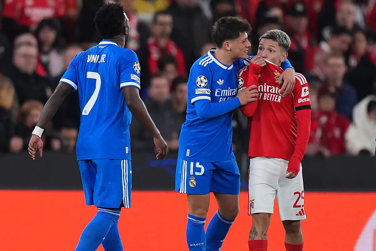 Prestianni, Güler et Vinicius Jr mardi soir (Photo by Angel Martinez/Getty Images).